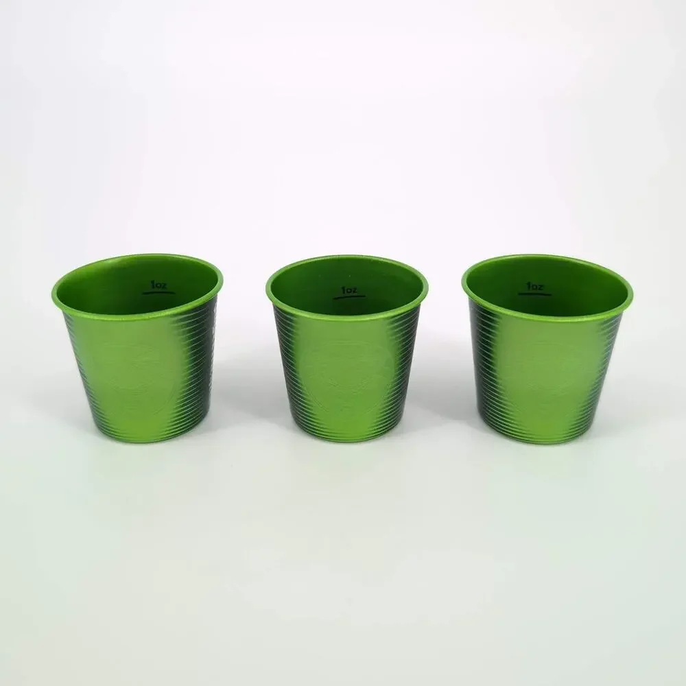 Three Green Jägermeister Color Changing Reusable Aluminum 1 oz Shot Glasses NWOT